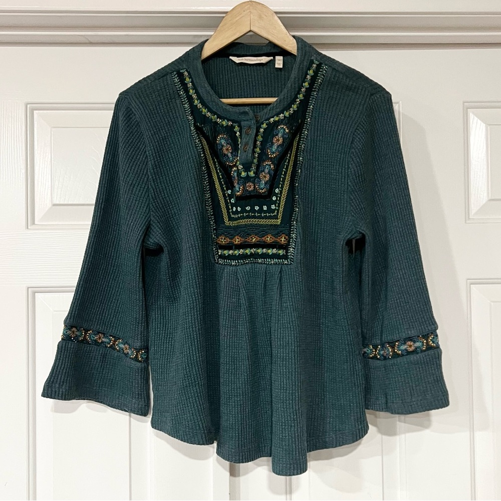 Soft Surroundings Teal Embroidered Cardigan